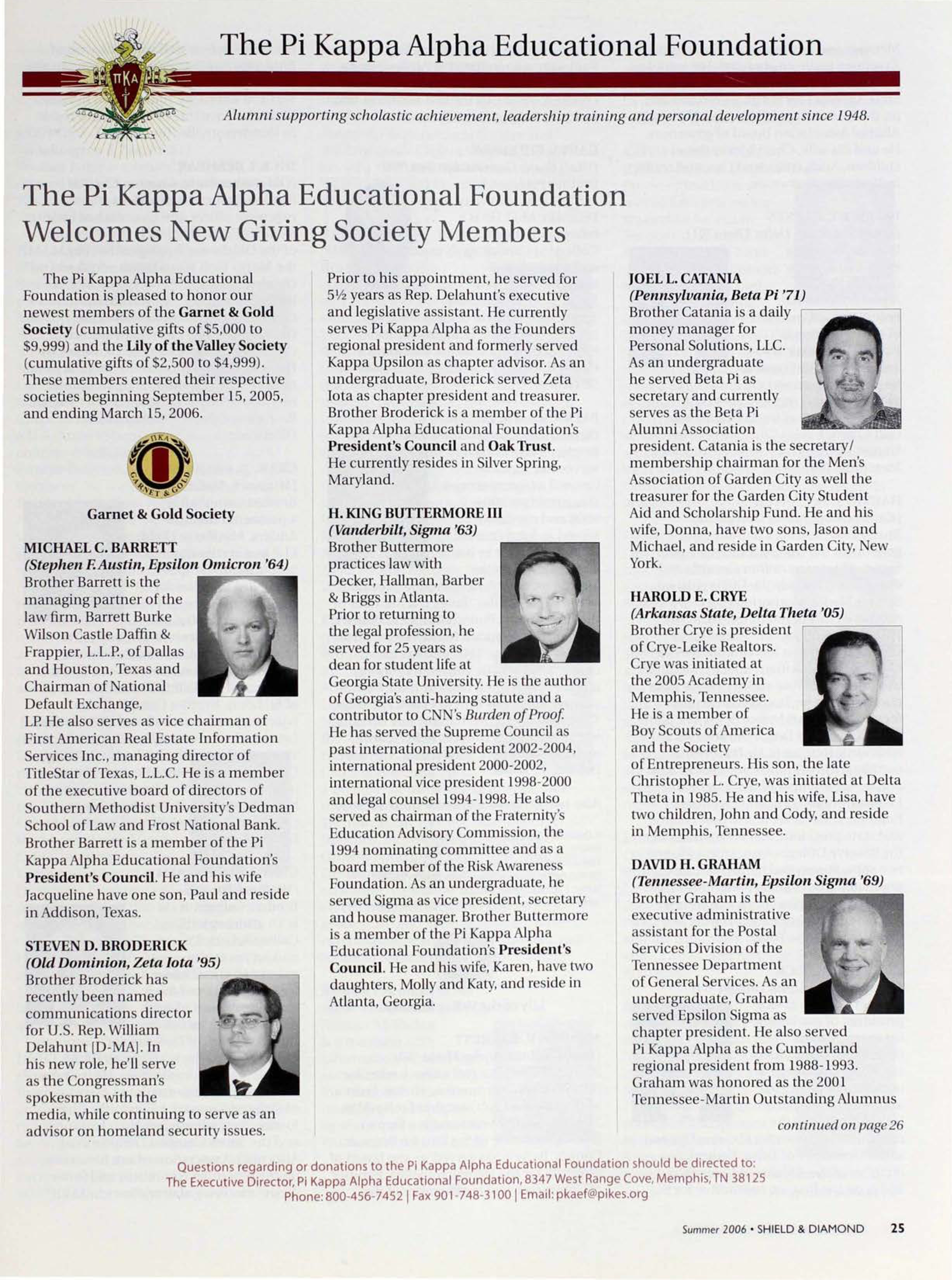 The Pi Kappa Alpha Educational Foundation, Summer 2006
